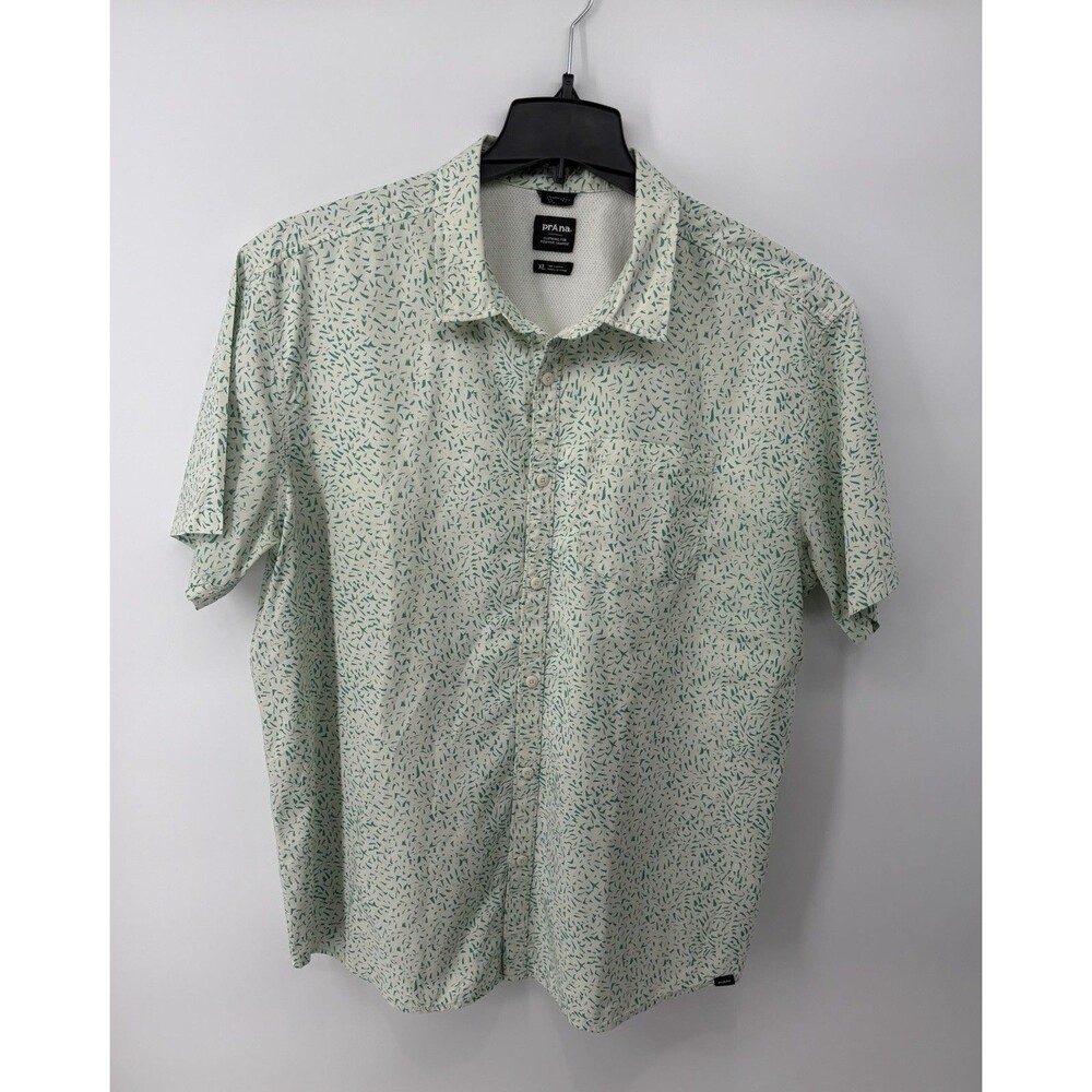 prAna Lost Sol X-Large Printed Short Sleeve Vented White Green Button Up Shirt